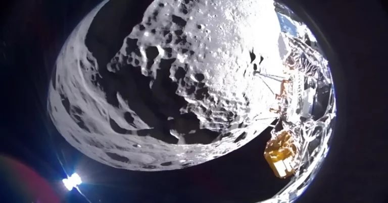 Intuitive Machines’ Nova-C lander captured this image of the Moon’s surface before touchdown.